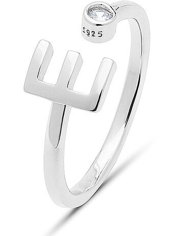 Bague en argent sterling 925 avec finition brillante en zircone Rhodium - lettre E de l’alphabet