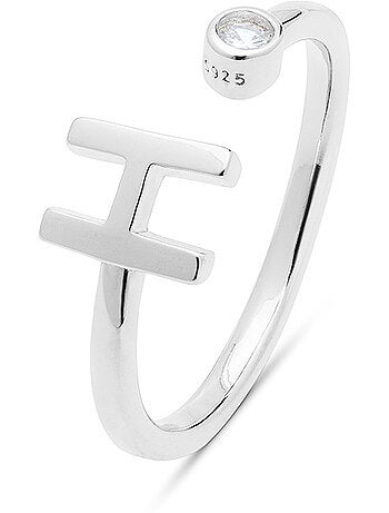 Bague en argent sterling 925 avec finition brillante en zircone Rhodium - lettre H de l’alphabet
