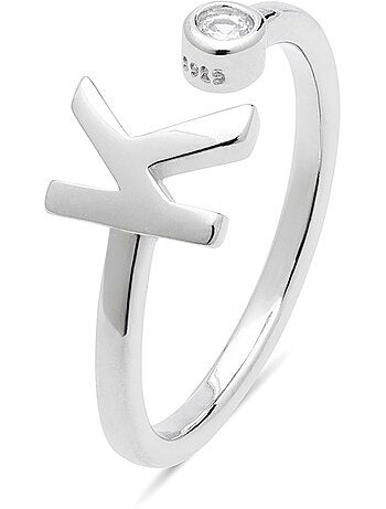 Bague en argent sterling 925 avec finition brillante en zircone Rhodium - lettre K de l’alphabet