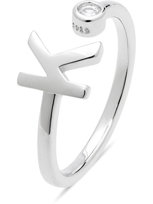 Bague en argent sterling 925 avec finition brillante en zircone Rhodium - lettre K de l’alphabet - Kiabi