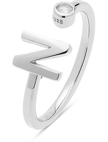 Bague en argent sterling 925 avec finition brillante en zircone Rhodium - lettre N de l’alphabet