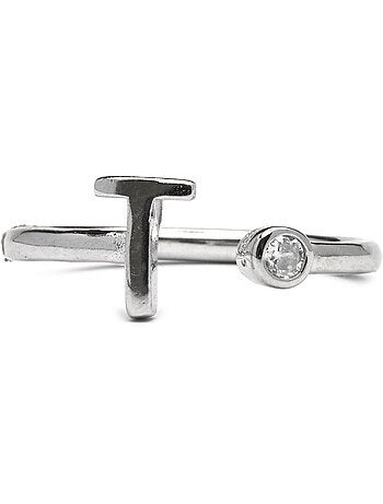 Bague en argent sterling 925 avec finition brillante en zircone Rhodium - lettre T de l’alphabet