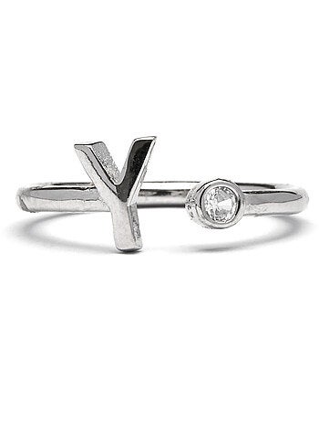 Bague en argent sterling 925 avec finition brillante en zircone Rhodium - lettre Y de l’alphabet