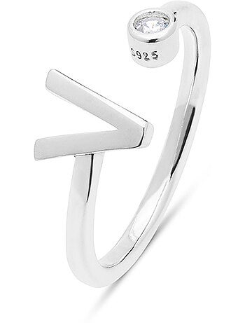 Bague en argent sterling 925 avec finition étincelante en zircone Rhodium - lettre V de l’alphabet