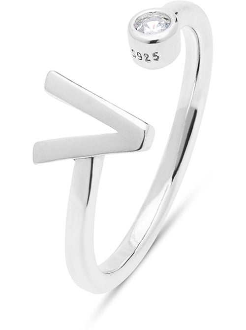 Bague en argent sterling 925 avec finition étincelante en zircone Rhodium - lettre V de l’alphabet - Kiabi