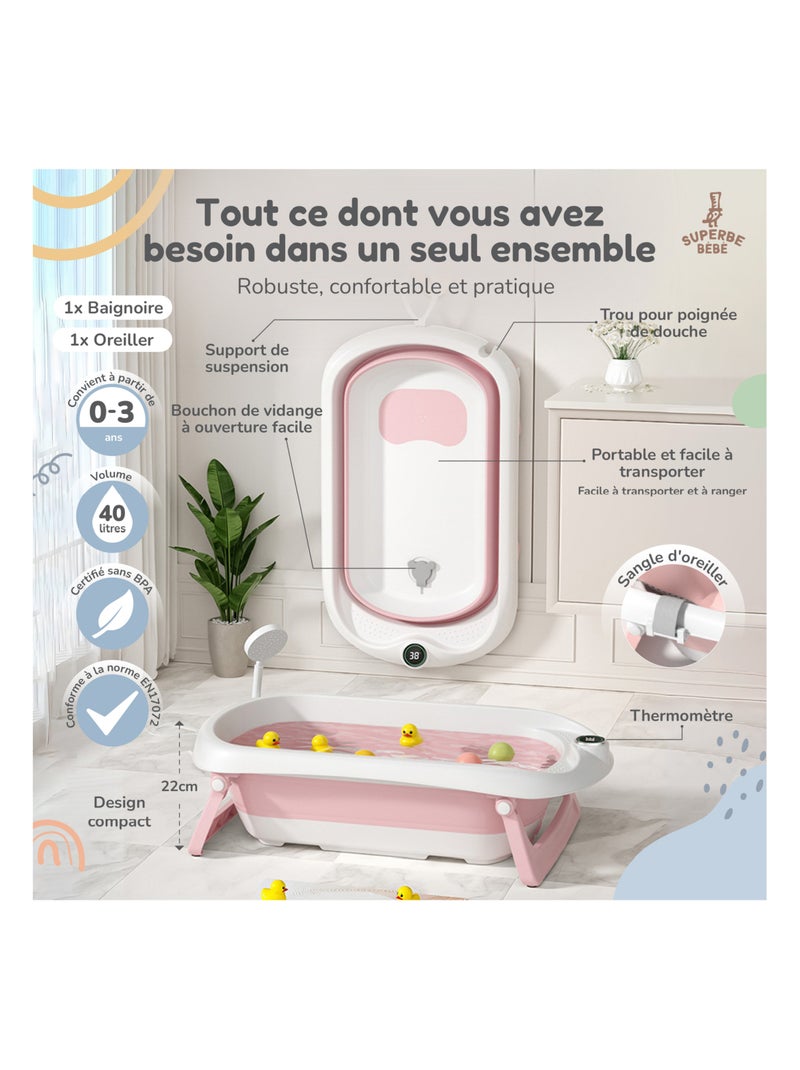 Baignoire b?b? pliable - Thermom?tre et coussin inclus | SUPERBE BEBE Blanc Rose - Kiabi