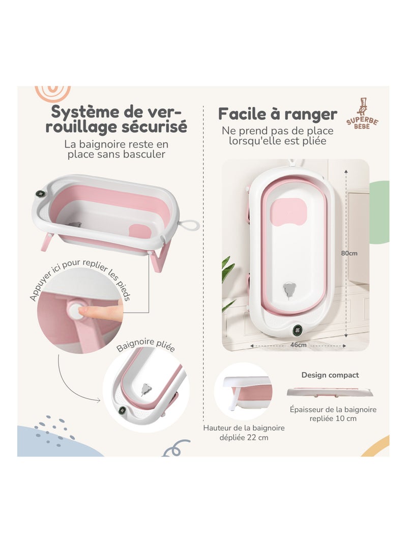 Baignoire b?b? pliable - Thermom?tre et coussin inclus | SUPERBE BEBE Blanc Rose - Kiabi