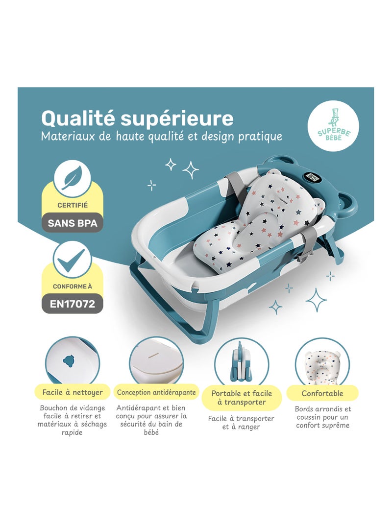 Baignoire bébé pliable - Thermomètre et coussin inclus - BEAR | SUPERBE BEBE Vert - Kiabi