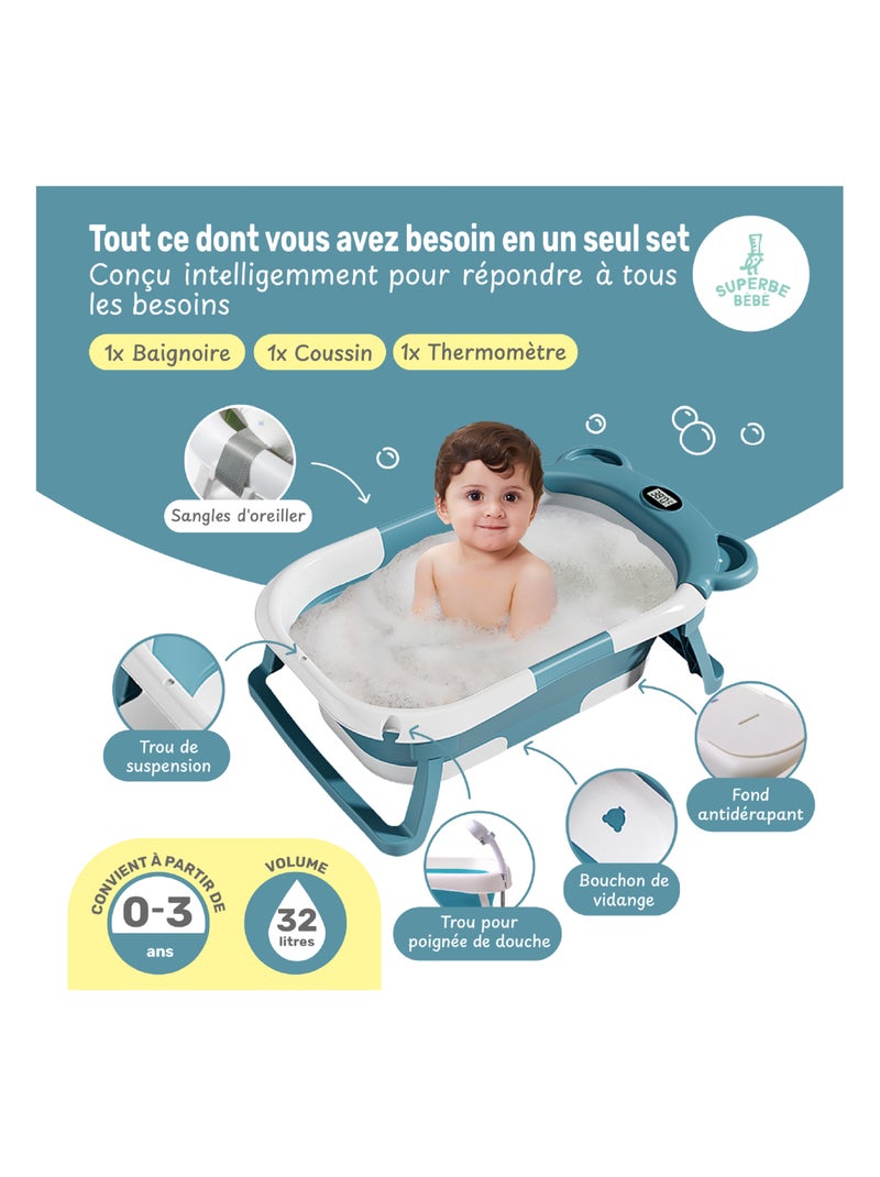 Baignoire bébé pliable - Thermomètre et coussin inclus - BEAR | SUPERBE BEBE Vert - Kiabi
