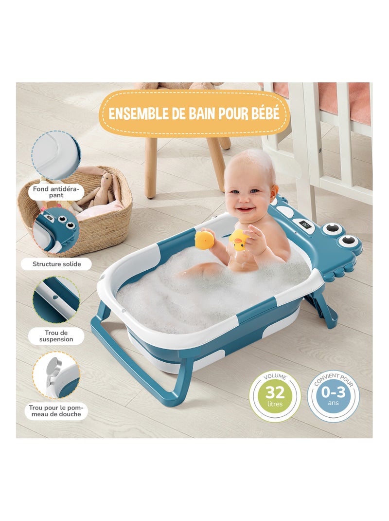 Baignoire bébé pliable - Thermomètre et coussin inclus - DINO | SUPERBE BEBE Bleu canard - Kiabi