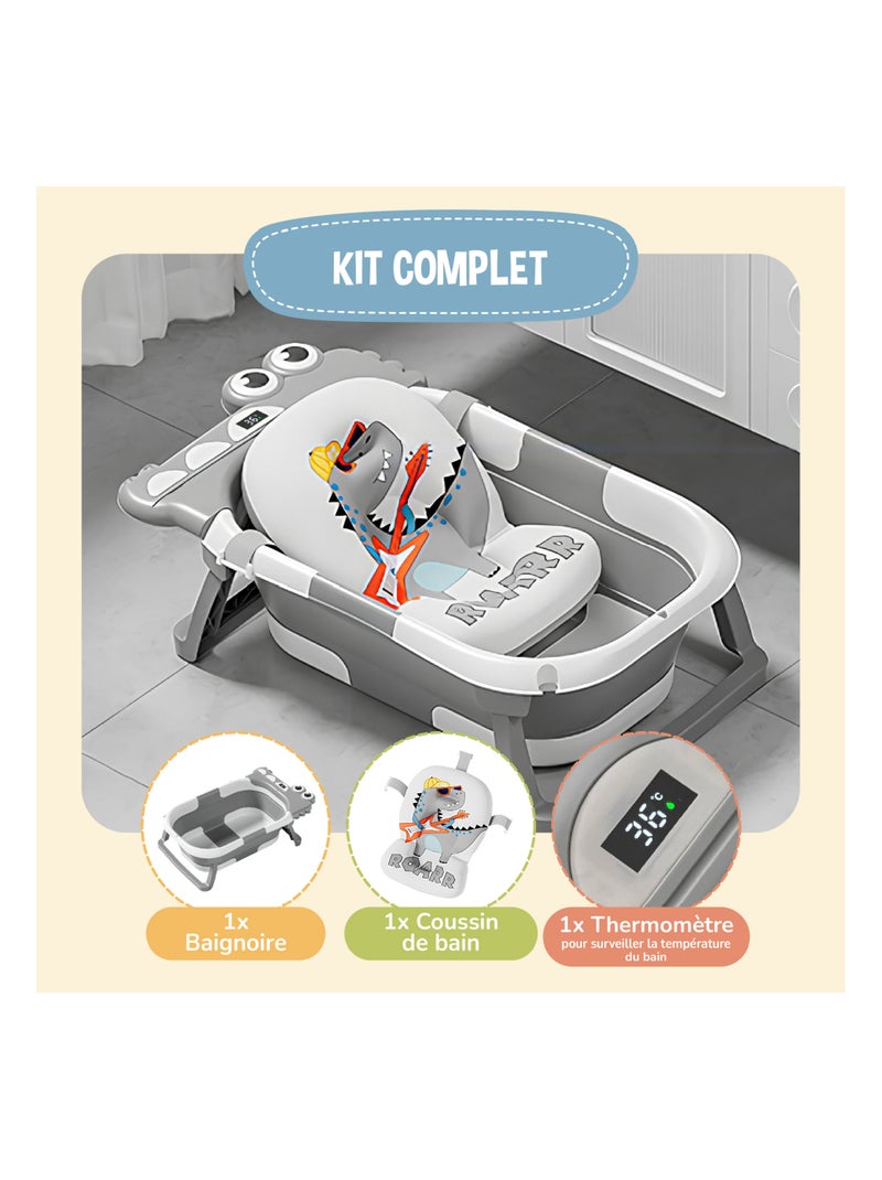 Baignoire bébé pliable - Thermomètre et coussin inclus - DINO | SUPERBE BEBE Gris - Kiabi