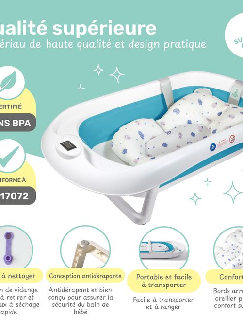 Baignoire bébé pliable - Thermomètre et coussin inclus - SUPERBE BEBE - Kiabi
