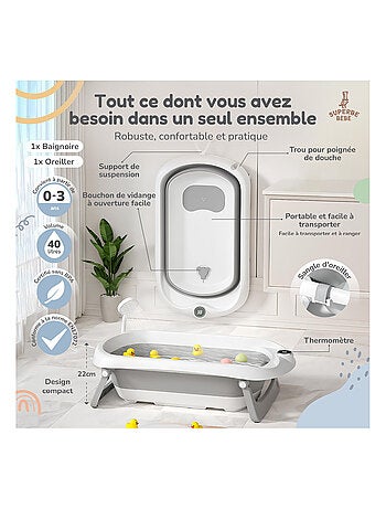 Baignoire bébé pliable - Thermomètre et coussin inclus | SUPERBE BEBE