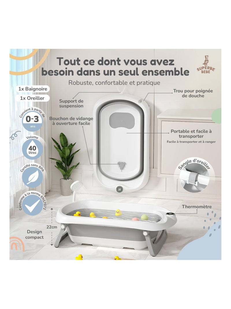 Baignoire bébé pliable - Thermomètre et coussin inclus | SUPERBE BEBE Blanc Gris - Kiabi