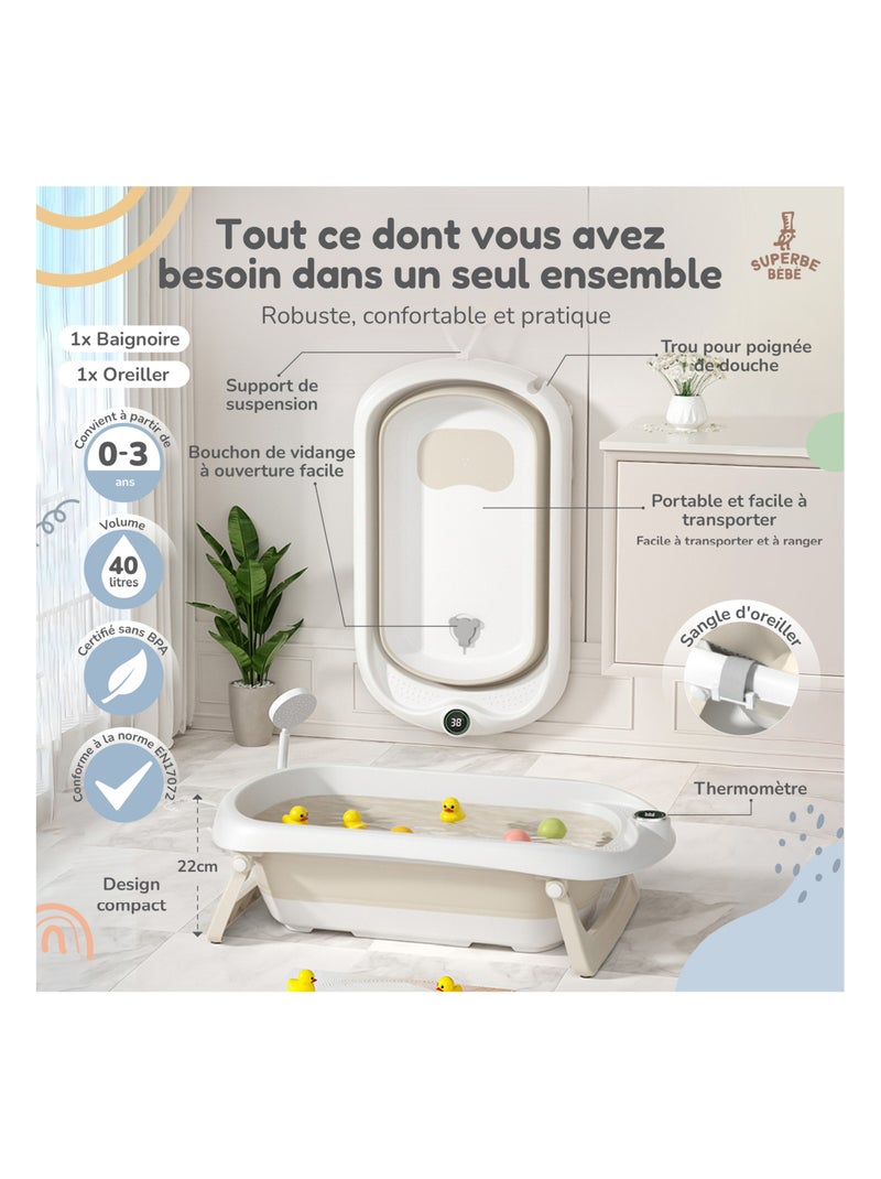 Baignoire bébé pliable - Thermomètre et coussin inclus | SUPERBE BEBE Blanc Jaune - Kiabi