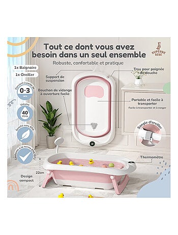 Baignoire bébé pliable - Thermomètre et coussin inclus | SUPERBE BEBE