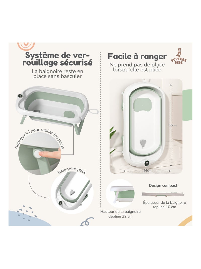 Baignoire bébé pliable - Thermomètre et coussin inclus | SUPERBE BEBE Blanc Vert - Kiabi