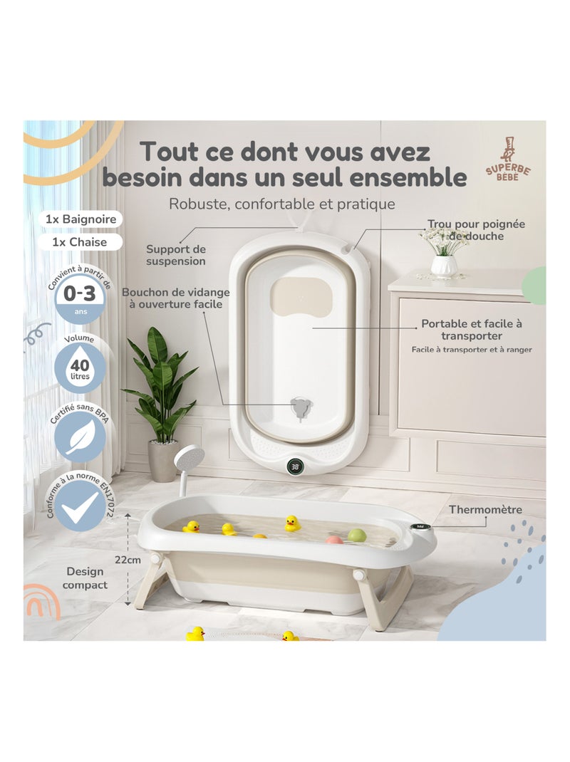 Baignoire bébé pliable - Thermomètre et transat inclus | SUPERBE BEBE Beige - Kiabi