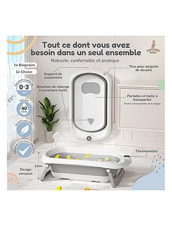 Baignoire bébé pliable - Thermomètre et transat inclus | SUPERBE BEBE