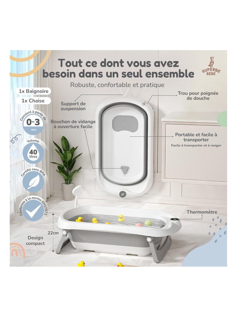Baignoire bébé pliable - Thermomètre et transat inclus | SUPERBE BEBE Gris - Kiabi