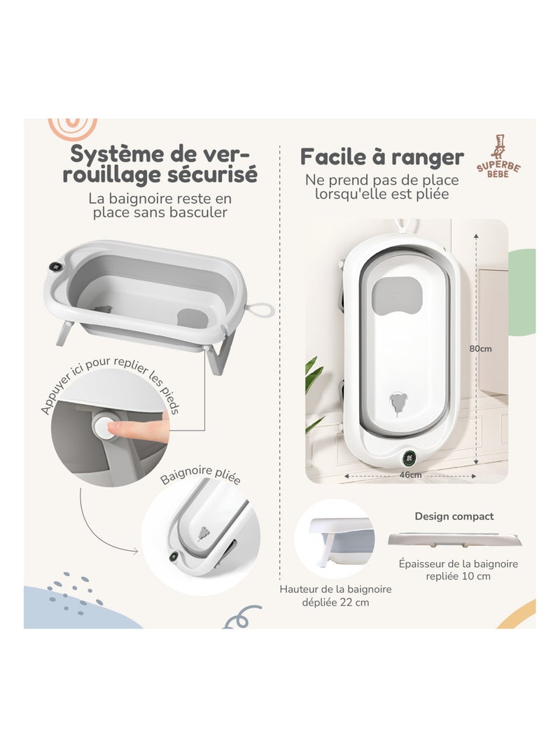 Baignoire bébé pliable - Thermomètre et transat inclus | SUPERBE BEBE Gris - Kiabi