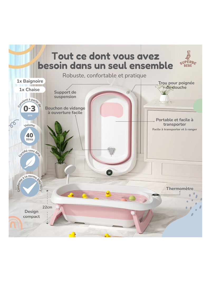 Baignoire bébé pliable - Thermomètre et transat inclus | SUPERBE BEBE Rose - Kiabi