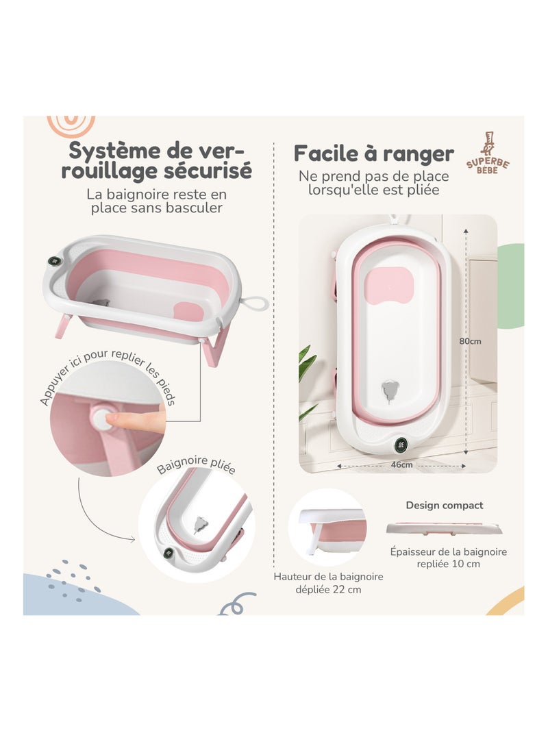 Baignoire bébé pliable - Thermomètre et transat inclus | SUPERBE BEBE Rose - Kiabi