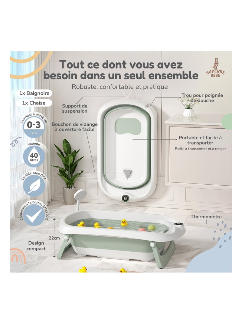 Baignoire bébé pliable - Thermomètre et transat inclus | SUPERBE BEBE Vert - Kiabi