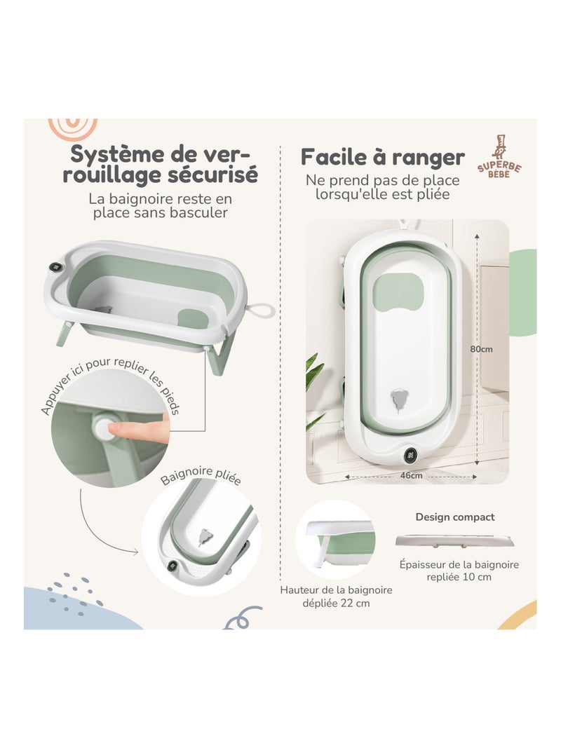 Baignoire bébé pliable - Thermomètre et transat inclus | SUPERBE BEBE Vert - Kiabi