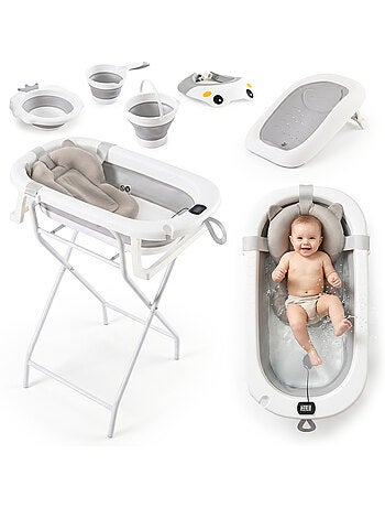 Baignoire bebe pliable support thermometre kit 8en1 transat coussin gris moby system