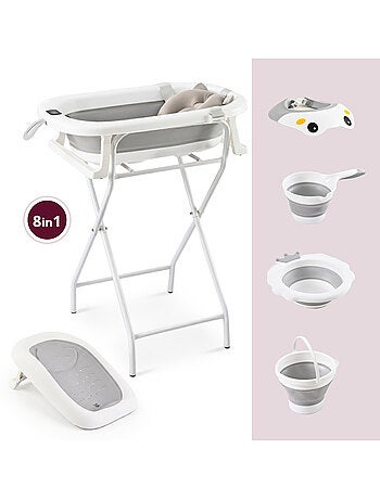 Baignoire bebe pliable support thermometre kit 8en1 transat coussin gris moby system