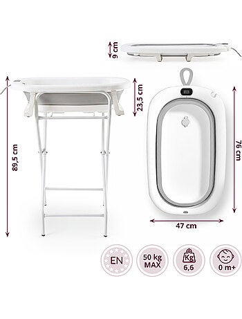 Baignoire bebe pliable support thermometre kit 8en1 transat coussin gris moby system