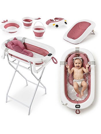Baignoire bebe pliable support thermometre kit 8en1 transat coussin gris moby system