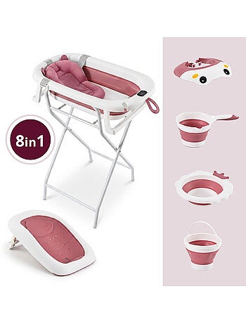 Baignoire bebe pliable support thermometre kit 8en1 transat coussin gris moby system
