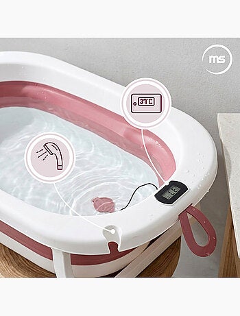 Baignoire bebe pliable support thermometre kit 8en1 transat coussin gris moby system