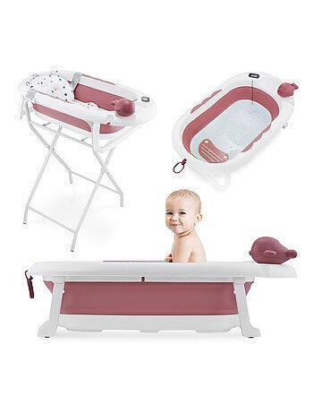 Baignoire Bébé Pliante, Thermomètre LCD - Coussin Doux - Support Métallique