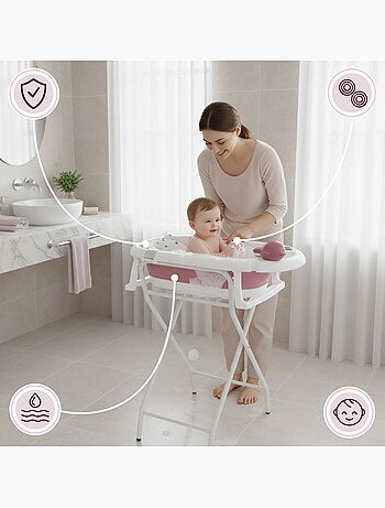 Baignoire Bébé Pliante, Thermomètre LCD - Coussin Doux - Support Métallique
