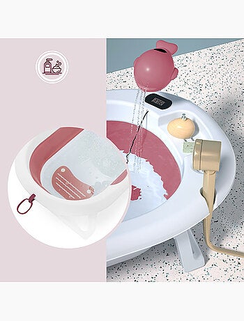 Baignoire Bébé Pliante, Thermomètre LCD - Coussin Doux - Support Métallique