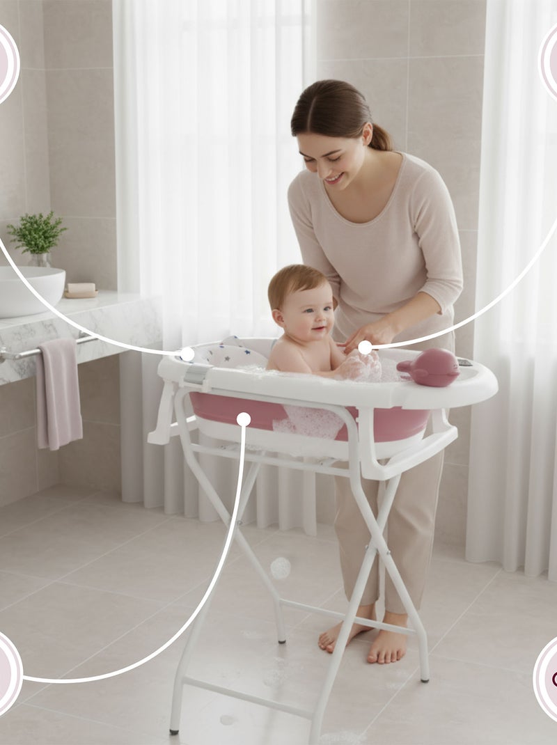 Baignoire Bébé Pliante, Thermomètre LCD - Coussin Doux - Support Métallique Rose - Kiabi