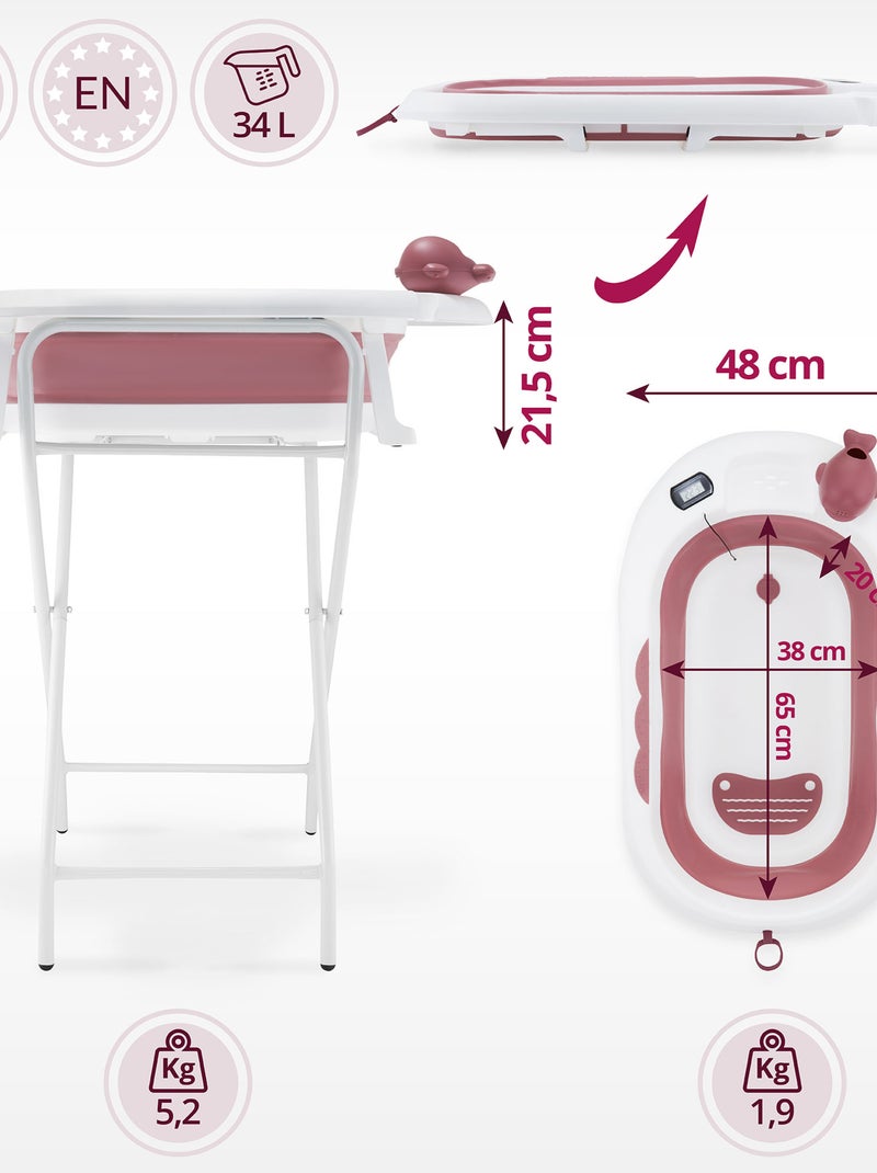 Baignoire Bébé Pliante, Thermomètre LCD - Coussin Doux - Support Métallique Rose - Kiabi