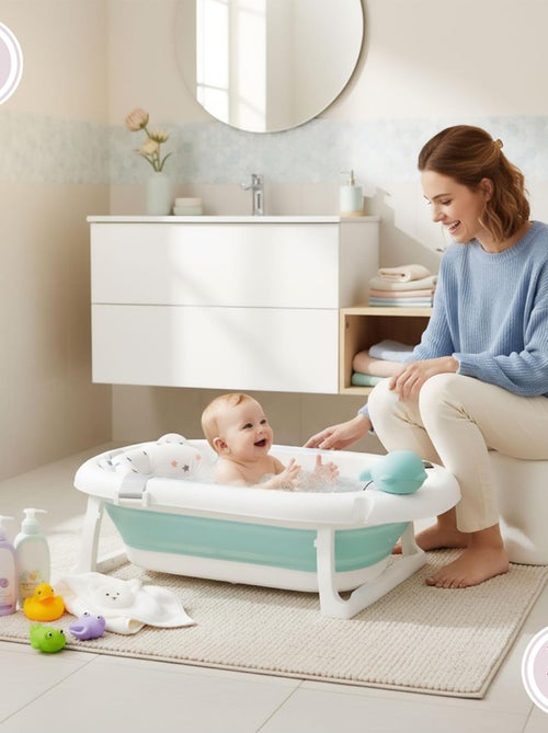 Baignoire Bébé Pliante Thermomètre LCD - Coussin Doux - Support Métallique - Kiabi