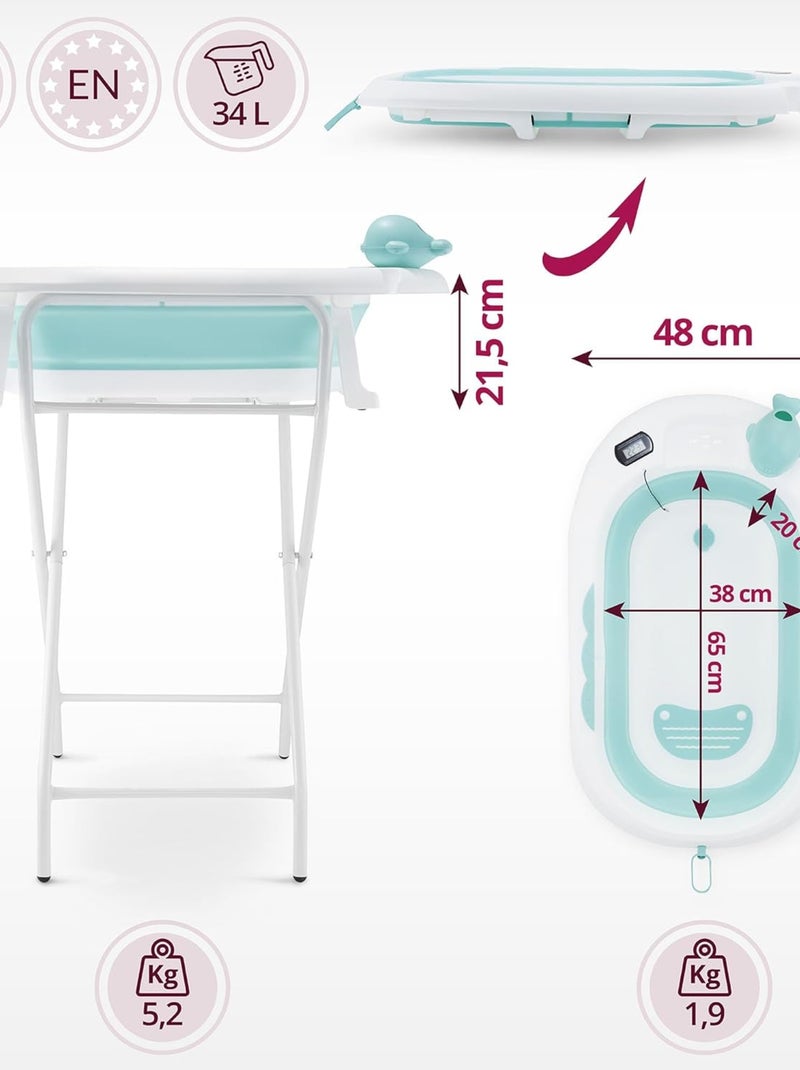 Baignoire Bébé Pliante Thermomètre LCD - Coussin Doux - Support Métallique Vert - Kiabi