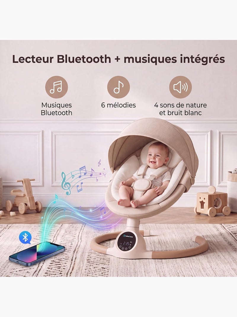 Balancelle bébé /transat électrique connécté ALPHA  avec capote + moustiquaire Marron chocolat - Kiabi