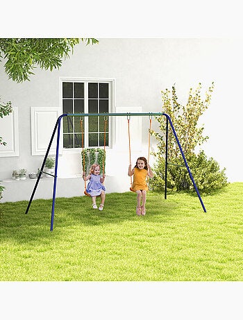 Balançoire 2 agrès portique avec 2 balançoires vert bleu orange