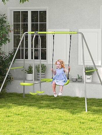 Balançoire 2 agrès portique avec balançoire et face à face gris vert