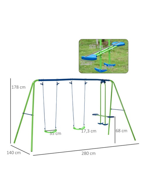 Balançoire 3 agrès portique avec 2 balançoires et face à face vert bleu - Kiabi
