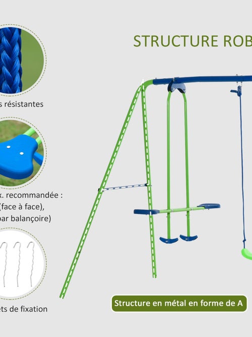 Balançoire 3 agrès portique avec 2 balançoires et face à face vert bleu - Kiabi