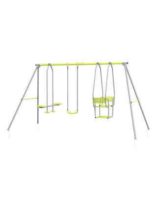 Balançoire 3 agrès portique avec 2 face à face et balançoire gris vert