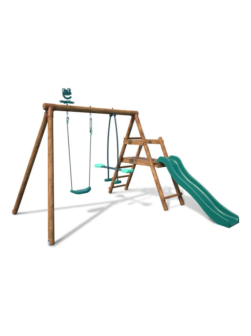 Balançoire en bois traité 2 agrès et toboggan Menthe N/A - Kiabi