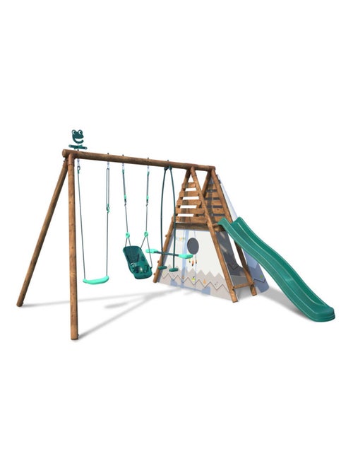 Balançoire en bois traité 3 agrès et toboggan Camélia - Kiabi